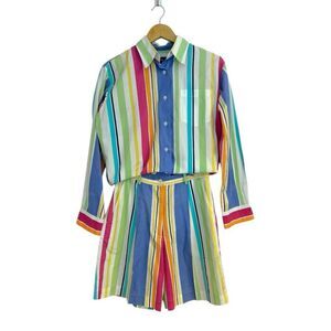 Vintage British Khaki Rainbow Striped Button Down & High Waisted Shorts, Size 10